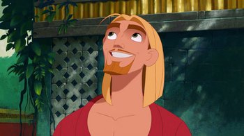 Movie still from “The Road to El Dorado” (2000), directed by Bibo Bergeron – A man with long blond hair is smiling for the camera; Close Up shot, Low angle