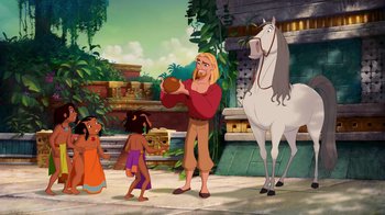 Movie still from “The Road to El Dorado” (2000), directed by Bibo Bergeron – A group of people standing next to each other near a white horse; Wide shot, Over the shoulder angle