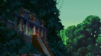 Movie still from “The Road to El Dorado” (2000), directed by Bibo Bergeron – An image of an animated jungle scene with stairs going up the side of a building; Extreme Wide shot, Low angle