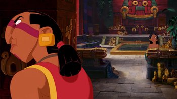Movie still from “The Road to El Dorado” (2000), directed by Bibo Bergeron – An animated scene of a woman in a red and yellow dress; Wide shot, Over the shoulder angle