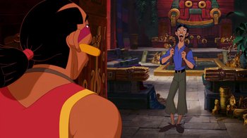 Movie still from “The Road to El Dorado” (2000), directed by Bibo Bergeron – A man standing in front of an animated character; Wide shot, Over the shoulder angle