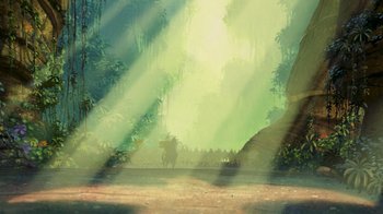 Movie still from “The Road to El Dorado” (2000), directed by Bibo Bergeron – A person riding a horse through a lush green forest; Extreme Wide shot, Low angle