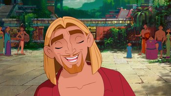 Movie still from “The Road to El Dorado” (2000), directed by Bibo Bergeron – A man with long blond hair is smiling for the camera; Close Up shot, Low angle