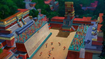 Movie still from “The Road to El Dorado” (2000), directed by Bibo Bergeron – A painting of a crowd of people standing in front of a wall; Extreme Wide shot, High angle