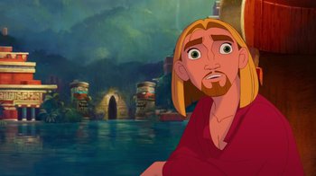 Movie still from “The Road to El Dorado” (2000), directed by Bibo Bergeron – A man with long blond hair and a red shirt; Medium shot, Over the shoulder angle
