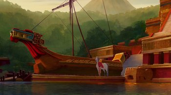 Movie still from “The Road to El Dorado” (2000), directed by Bibo Bergeron – A painting of a horse on a boat in the water; Extreme Wide shot, Low angle