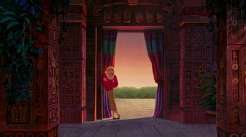 Movie still from “The Road to El Dorado” (2000), directed by Bibo Bergeron – An animated scene of a woman standing in front of an open doorway; Wide shot, Low angle