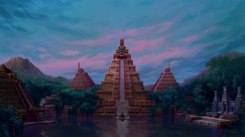 Movie still from “The Road to El Dorado” (2000), directed by Bibo Bergeron – An artistic painting of a temple in the middle of a lake; Extreme Wide shot, Low angle