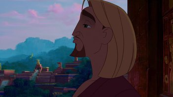 Movie still from “The Road to El Dorado” (2000), directed by Bibo Bergeron – A man's face with a castle in the background; Close Up shot, Over the shoulder angle