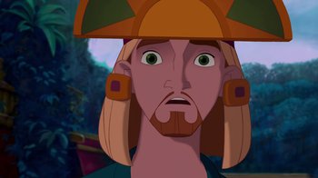 Movie still from “The Road to El Dorado” (2000), directed by Bibo Bergeron – A man's face with a hat on his head; Close Up shot, Over the shoulder angle