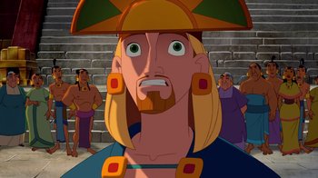 Movie still from “The Road to El Dorado” (2000), directed by Bibo Bergeron – A man with long blonde hair wearing a yellow hat; Close Up shot, Over the shoulder angle