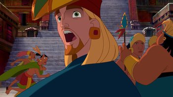 Movie still from “The Road to El Dorado” (2000), directed by Bibo Bergeron – A man with a surprised look on his face; Close Up shot, Over the shoulder angle
