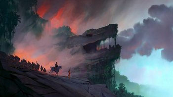 Movie still from “The Road to El Dorado” (2000), directed by Bibo Bergeron – A painting of people on horseback in the mountains; Extreme Wide shot, Low angle