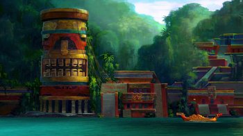 Movie still from “The Road to El Dorado” (2000), directed by Bibo Bergeron – A painting of a building in the middle of a jungle; Extreme Wide shot, Low angle