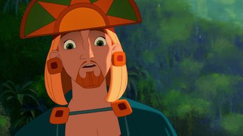 Movie still from “The Road to El Dorado” (2000), directed by Bibo Bergeron – A man with a hat on his head looking surprised; Close Up shot, Over the shoulder angle