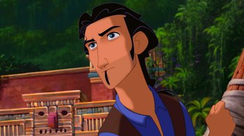 Movie still from “The Road to El Dorado” (2000), directed by Bibo Bergeron – A man's face in a cartoon style; Close Up shot, Low angle
