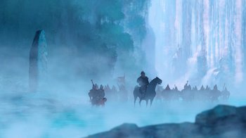 Movie still from “The Road to El Dorado” (2000), directed by Bibo Bergeron – A group of people riding horses through the water; Extreme Wide shot, Low angle