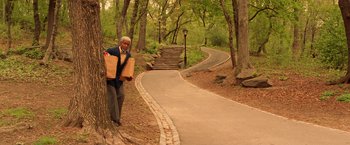 Movie still from “The Royal Tenenbaums” (2001), directed by Wes Anderson – A man standing next to a tree in a wooded area; Wide shot, High angle