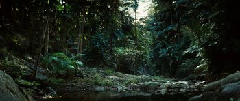 Movie still from “The Ruins” (2008), directed by Carter Smith – A river running through a lush green forest; Extreme Wide shot, High angle