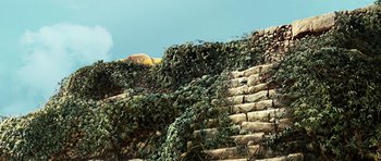 Movie still from “The Ruins” (2008), directed by Carter Smith – A stone wall covered in green plants on top of a hill; Extreme Wide shot, Low angle