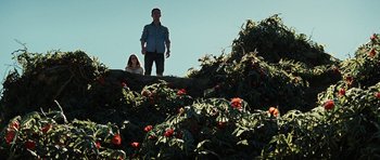 Movie still from “The Ruins” (2008), directed by Carter Smith – A man and a woman standing on top of a hill; Wide shot, Low angle