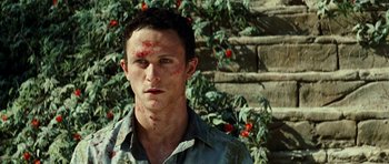 Movie still from “The Ruins” (2008), directed by Carter Smith – A young man with a bloody forehead standing in front of bushes; Close Up shot, Low angle