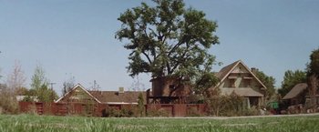 Movie still from “The Sandlot” (1993), directed by David Mickey Evans – A large tree in the middle of a yard; Extreme Wide shot, Low angle