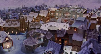 Movie still from “The Santa Clause 2” (2002), directed by Michael Lembeck – An aerial view of a town with snow on the ground; Extreme Wide shot, High angle