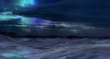 Movie still from “The Santa Clause 2” (2002), directed by Michael Lembeck – A view of the sky from the beach at night time; Extreme Wide shot, High angle