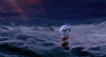 Movie still from “The Santa Clause 2” (2002), directed by Michael Lembeck – A red and white striped lighthouse in the middle of the ocean; Extreme Wide shot, High angle