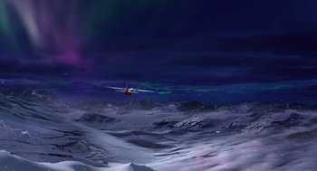 Movie still from “The Santa Clause 2” (2002), directed by Michael Lembeck – An airplane is flying in the sky at night; Extreme Wide shot, High angle