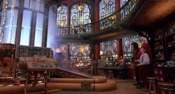 Movie still from “The Santa Clause 2” (2002), directed by Michael Lembeck – A room filled with lots of stained glass windows; Extreme Wide shot, Low angle