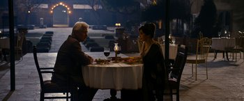 Movie still from “The Second Best Exotic Marigold Hotel” (2015), directed by John Madden – A man and a woman sitting at a dinner table; Wide shot, High angle