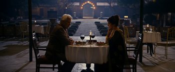 Movie still from “The Second Best Exotic Marigold Hotel” (2015), directed by John Madden – A man and a woman sitting at a dinner table; Wide shot, High angle