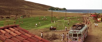 Movie still from “The Sisterhood of the Traveling Pants” (2005), directed by Ken Kwapis – A group of people are playing soccer on a field; Extreme Wide shot, High angle