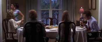 Movie still from “The Sisterhood of the Traveling Pants” (2005), directed by Ken Kwapis – Two people sitting at a table with a plate of food in front of a window; Wide shot, Over the shoulder angle