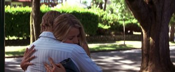 Movie still from “The Sisterhood of the Traveling Pants” (2005), directed by Ken Kwapis – A woman is hugging a man outside on a sunny day; Medium shot, Over the shoulder angle