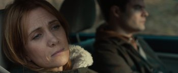 Movie still from “The Skeleton Twins” (2014), directed by Craig Johnson – A person sitting in a car; Close Up shot, Over the shoulder angle