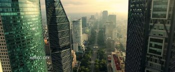 Movie still from “Sicario: Day of the Soldado” (2018), directed by Stefano Sollima – An aerial view of a large city with tall skyscrapers; Extreme Wide shot, High angle