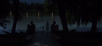 Movie still from “The Sound of Music” (1965), directed by Robert Wise – A person standing on a railing near a body of water; Extreme Wide shot, High angle