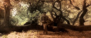 Movie still from “The Spiderwick Chronicles” (2008), directed by Mark Waters – A man sitting on a log under a large tree; Wide shot, Low angle