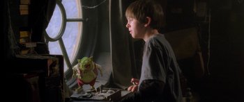 Movie still from “The Spiderwick Chronicles” (2008), directed by Mark Waters – A young boy looking at a stuffed animal; Medium shot, Over the shoulder angle