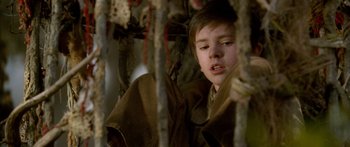 Movie still from “The Spiderwick Chronicles” (2008), directed by Mark Waters – A young boy is looking through the bars of a cage; Close Up shot, Low angle