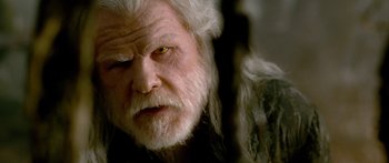 Movie still from “The Spiderwick Chronicles” (2008), directed by Mark Waters – An old man with white hair and a long white beard; Close Up shot, Over the shoulder angle