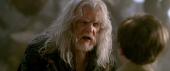 Movie still from “The Spiderwick Chronicles” (2008), directed by Mark Waters – An old man with long white hair and a beard; Close Up shot, Over the shoulder angle