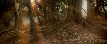 Movie still from “The Spiderwick Chronicles” (2008), directed by Mark Waters – A man standing in the middle of a forest; Extreme Wide shot, Low angle