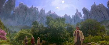 Movie still from “The Spiderwick Chronicles” (2008), directed by Mark Waters – A group of people standing in front of some mountains; Extreme Wide shot, Low angle
