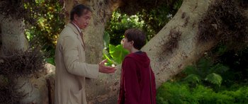 Movie still from “The Spiderwick Chronicles” (2008), directed by Mark Waters – A man and a boy standing next to a tree; Medium shot, Over the shoulder angle