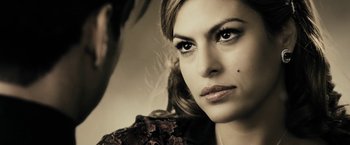 Movie still from “The Spirit” (2008), directed by Frank Miller – A woman's face and a man's face; Close Up shot, Over the shoulder angle