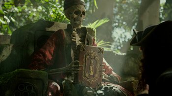 Movie still from “The SpongeBob Movie: Sponge Out of Water” (2015), directed by Mike Mitchell – A statue of a skeleton holding a book; Medium shot, Low angle